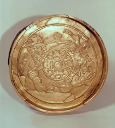 Rett med en jaktscene, fra Ras Shamra, Ugarit, ca. 1250-1150 f.Kr. (gull)